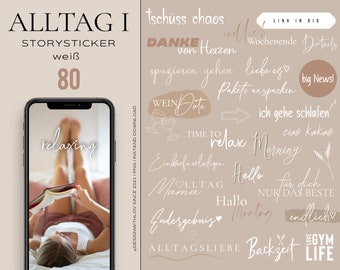 80 Instagram Story Stickers Everyday Basic Lettering White German Everyday Daily Digital Hello Monday png