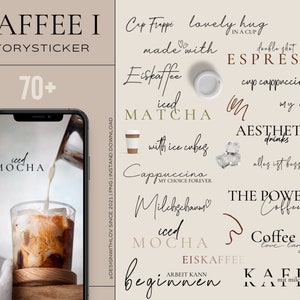 Peut inclure: Une collection de plus de 70 autocollants Instagram sur le thème du café avec du texte en anglais et en allemand. Les autocollants présentent des phrases comme "iced mocha", "double shot espresso", "the power of coffee", et "coffee is my love language".