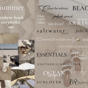 Könnte beinhalten: Eine Collage von Bildern mit einem Sommerstrand-Thema. Die Bilder zeigen einen Sonnenschirm, einen Strohhut, Sonnenbrillen, Sandalen und eine Kokosnuss. Der Text in den Bildern lautet "Summer", "Beach Essentials", "Saltwater heals", "Coconut vibes only", "Ocean whispers", "Sunlover", "Another Summer Look", "Feelin' beachy", "We have arrived", "Beach Club Vibes", "Sandy feet", "Boho Essentials", und "Escape the ordinary".