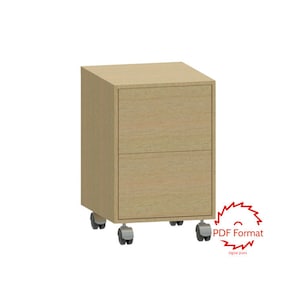May include: A light wood two-drawer cabinet with wheels. The cabinet has a simple design and is made of wood with a light wood finish.