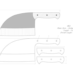 Op de afbeelding: Lijntekening van een Servisch hakmes met een 17,8 cm lang blad en een totale lengte van 29,7 cm. Het mes heeft een getextureerd handvat en een gebogen blad.