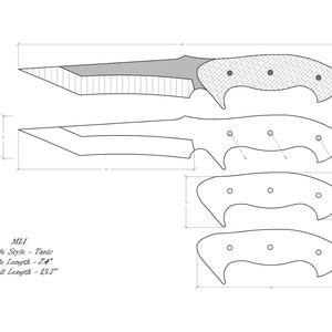 May include: A black and white line drawing of a knife design with the text "M.I.I. Blade Style - Tanto Blade Length - 7.74" Overall Length - 13.7"