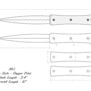 Può includere: Un disegno a linea di un design di coltello con il testo "MI:1 Blade Style - Dagger Point Blade Length - 5.4" Overall Length - 10"