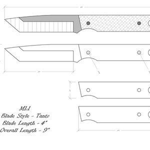 Op de afbeelding: Een lijntekening van een mesontwerp met afmetingen. Het mes heeft een tanto-bladvorm, een bladlengte van 4 inch en een totale lengte van 9 inch.