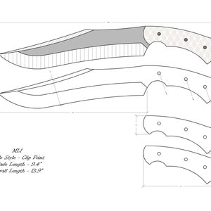 Puede incluir: Dibujo de línea de un diseño de cuchillo con el texto "M1.1 Blade Style - Clip Point Blade Length - 9.4" Overall Length - 13.9"