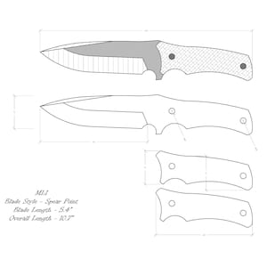 Puede incluir: Dibujo de línea de un diseño de cuchillo con el texto "MI", "Blade Style - Spear Point", "Blade Length - 5.4"