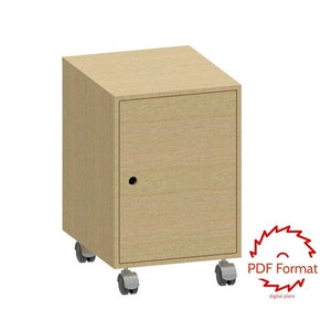 May include: A light wood cabinet with a single door and four wheels. The cabinet is on a white background.