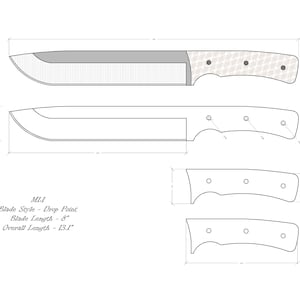 Könnte beinhalten: Linienzeichnung eines Messerdesigns mit Maßen. Das Messer hat eine Drop-Point-Klingenform, eine Klingenlänge von 8 Zoll und eine Gesamtlänge von 13,1 Zoll.