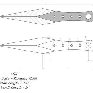 Könnte beinhalten: Eine Schwarzweiß-Zeichnung eines Wurfmessers mit einer 4,2 Zoll langen Klinge und einer Gesamtlänge von 9 Zoll. Das Messer hat einen Griff mit fünf Löchern und einem großen Loch am Ende.