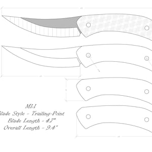 Może przedstawiać: Rysunek liniowy projektu noża z tekstem "M1:1 Blade Style - Trailing-Point Blade Length - 4.7" Overall Length - 9.4"