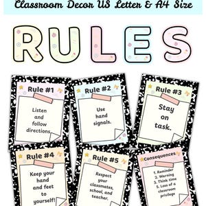 Könnte beinhalten: Ein Set aus sechs druckbaren Klassenregeln-Postern mit dem Wort RULES in pastellfarbenen Buchstaben. Jedes Poster hat einen schwarz-weißen Kuhmuster-Rand, eine zentrale weiße Notizgrafik mit rosa Klebeband und Text mit fünf Regeln und Konsequenzen.