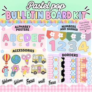 May include: A pastel pop bulletin board kit featuring alphabet posters, numbers, a banner, decorative borders, and various accessories like a hot air balloon, globe, school buses, and pencils. The kit includes text labels for classroom display.