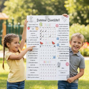 May include: A white rectangular Summer Checklist poster featuring calendars for June, July, and August. The design includes checkboxes for activities, colorful illustrations of food and animals, and text headers for each month. The poster has blank lines for a name and summer year.