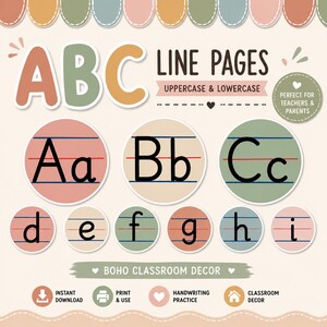 May include: Educational printable featuring the text ABC LINE PAGES UPPERCASE & LOWERCASE and BOHO CLASSROOM DECOR. It displays letters A through i in black on circular backgrounds of muted pink, beige, and green, each with three horizontal lines.