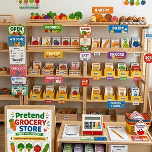 May include: A wooden pretend grocery store playset featuring shelves stocked with labeled food cards, a checkout counter with a cash register, play money, a shopping basket, and various instructional signs including Grocery Departments and Pretend Grocery Store.