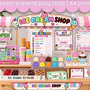 May include: A printable ice cream pretend play shop set featuring a menu, gift certificate, receipt, play money, and customer order forms. The set includes colourful paper ice cream cones, cups, toppings, and a pink cash register graphic.
