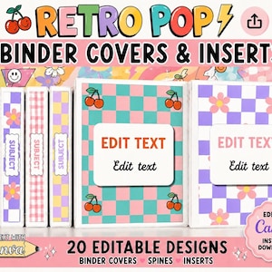 May include: A set of binder covers and inserts featuring retro-inspired patterns including pink and teal checkerboards, purple and white checkerboards, and floral motifs. The designs include white labels with the editable text EDIT TEXT.