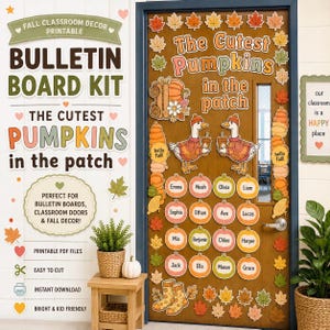 May include: A fall-themed classroom bulletin board kit featuring printable cutouts of geese wearing sweaters, pumpkins, and autumn leaves. The text reads The Cutest Pumpkins in the patch, with individual pumpkin labels for student names.