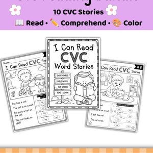 Könnte beinhalten: Ein CVC-Lese-Bundle mit 10 CVC-Geschichten, bestehend aus schwarz-weißen Arbeitsblättern zum Lesen, Verstehen und Ausmalen. Das Deckblatt zeigt den Text I Can Read CVC Word Stories, während die Arbeitsblätter Illustrationen von Kindern und Katzen mit kurzen Sätzen und Multiple-Choice-Fragen enthalten.