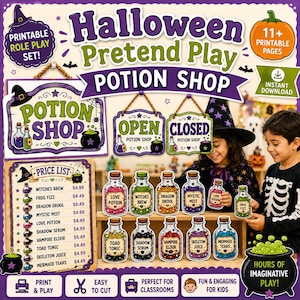 May include: A printable Halloween Potion Shop role play set featuring a price list, open and closed signs, and various potion bottles labeled with names like Witches Brew, Dragon Drool, and Mermaid Tears, designed for imaginative play activities.