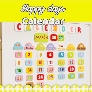 May include: A magnetic wall calendar featuring the text "CALENDER" at the top, with "MARCH" and the numbers "20" and "27" displayed. The calendar includes colorful, rounded square tiles for days of the week and numbered dates from 1 to 31.