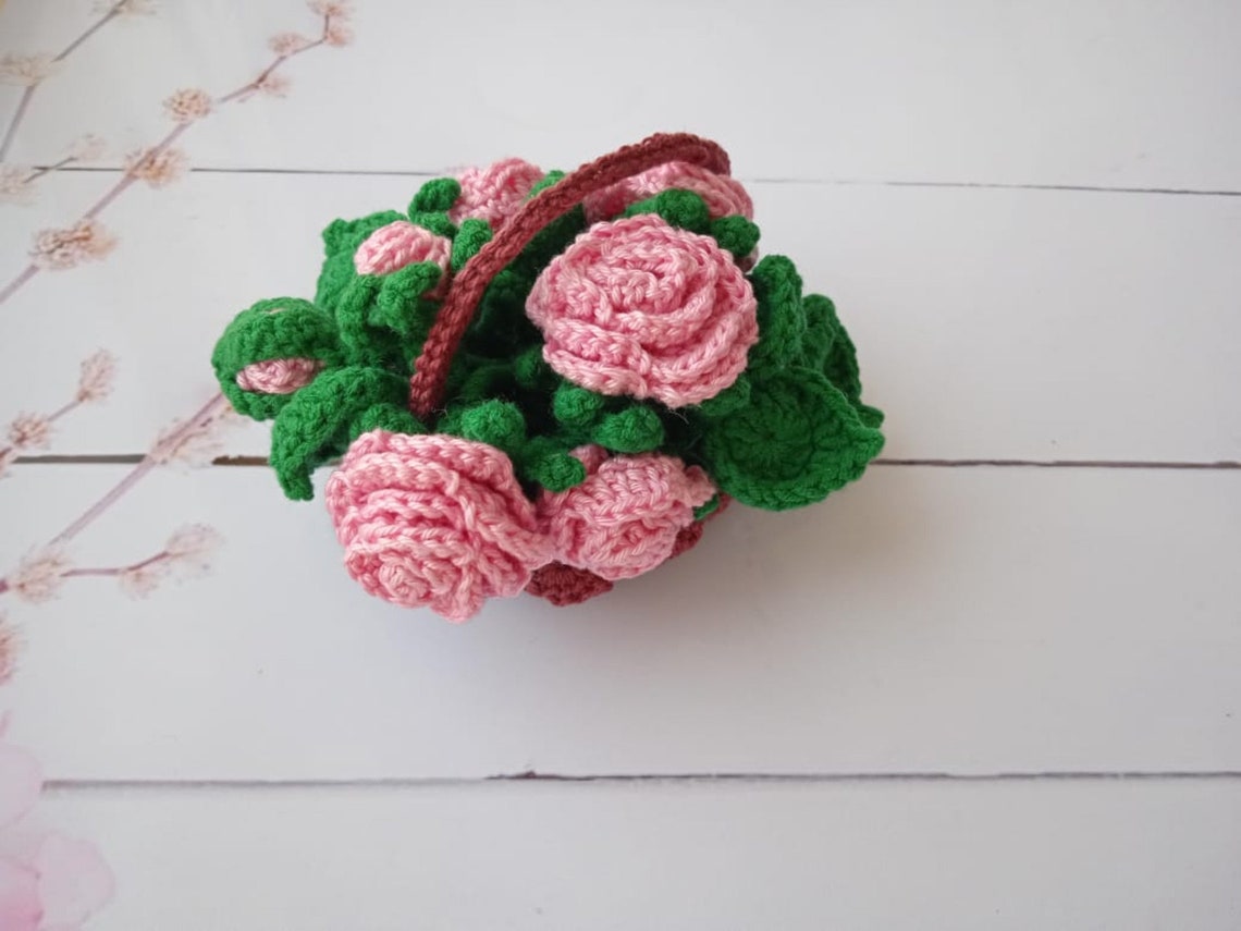 Miniature Crochet Crochet Roses Flowers Bouquet Crochet basket Etsy