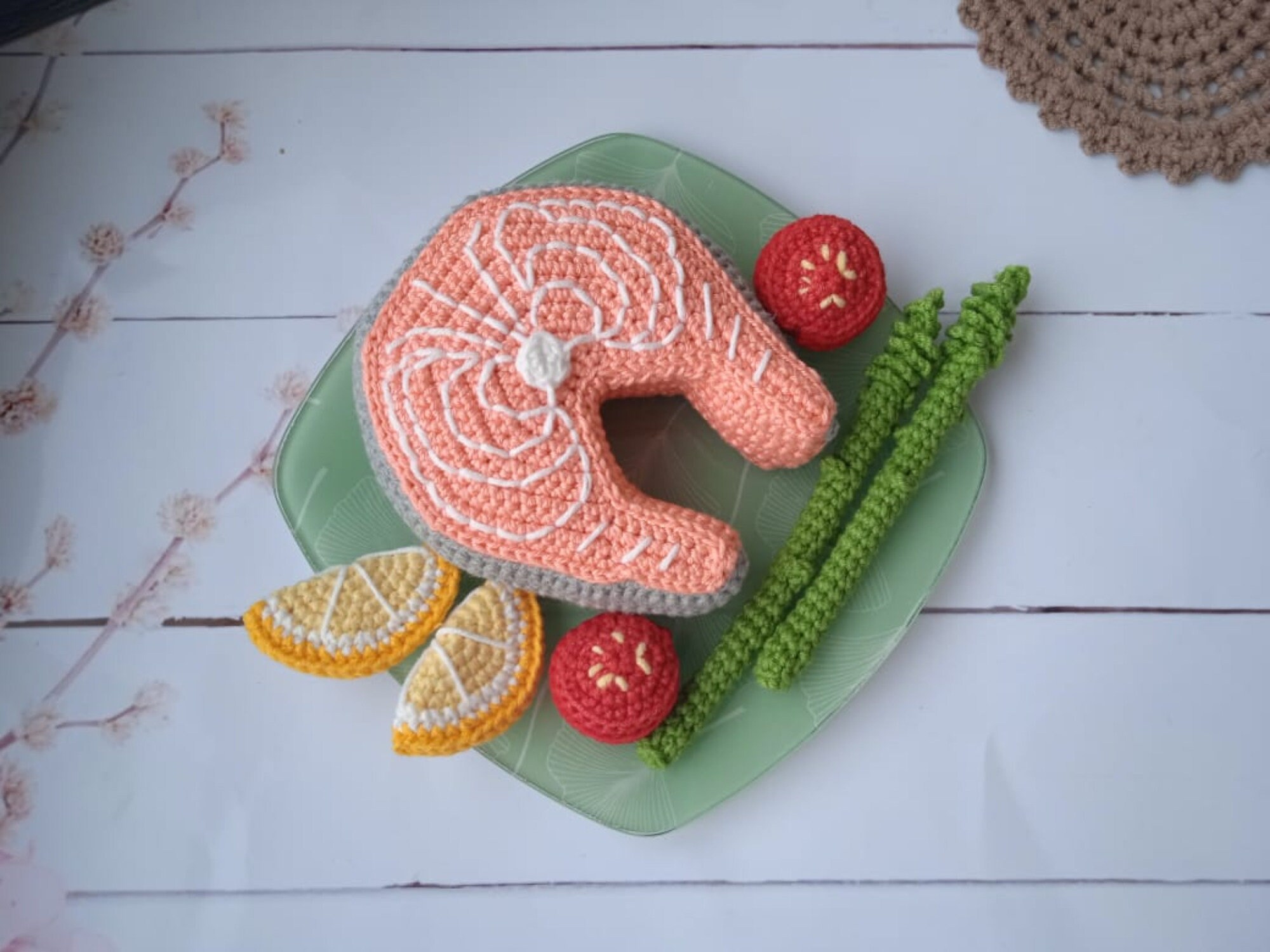 Crochet salmon Crochet dinner set Crochet asparagus Crochet Etsy