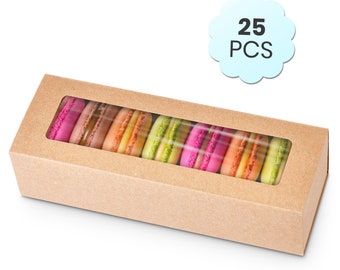 Macaron Brown Kraft Boxes for 6 with Clear Window Display for gift favor or bakery (25 Pieces) Interior Measurements 2"x 7.3" x 2"