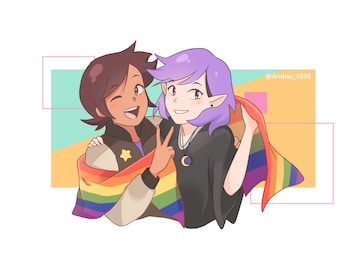 May include: Two cartoon characters, one with brown hair and a yellow star on their jacket, and the other with purple hair and a crescent moon necklace, are holding a rainbow pride flag. The background is a yellow, orange, and blue gradient.