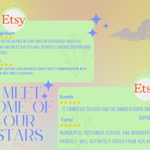 Puede incluir: Opiniones de la tienda Etsy con un fondo verde claro y el texto "Meet Some of Our Stars". Las opiniones son positivas y destacan la calidad de los productos y el servicio al cliente.