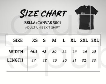 Bella Canvas 3001 Size Chart | Bella + Canvas 3001 Size Chart | Bella Canvas Mockup Size Chart | Bella Canvas Size Chart