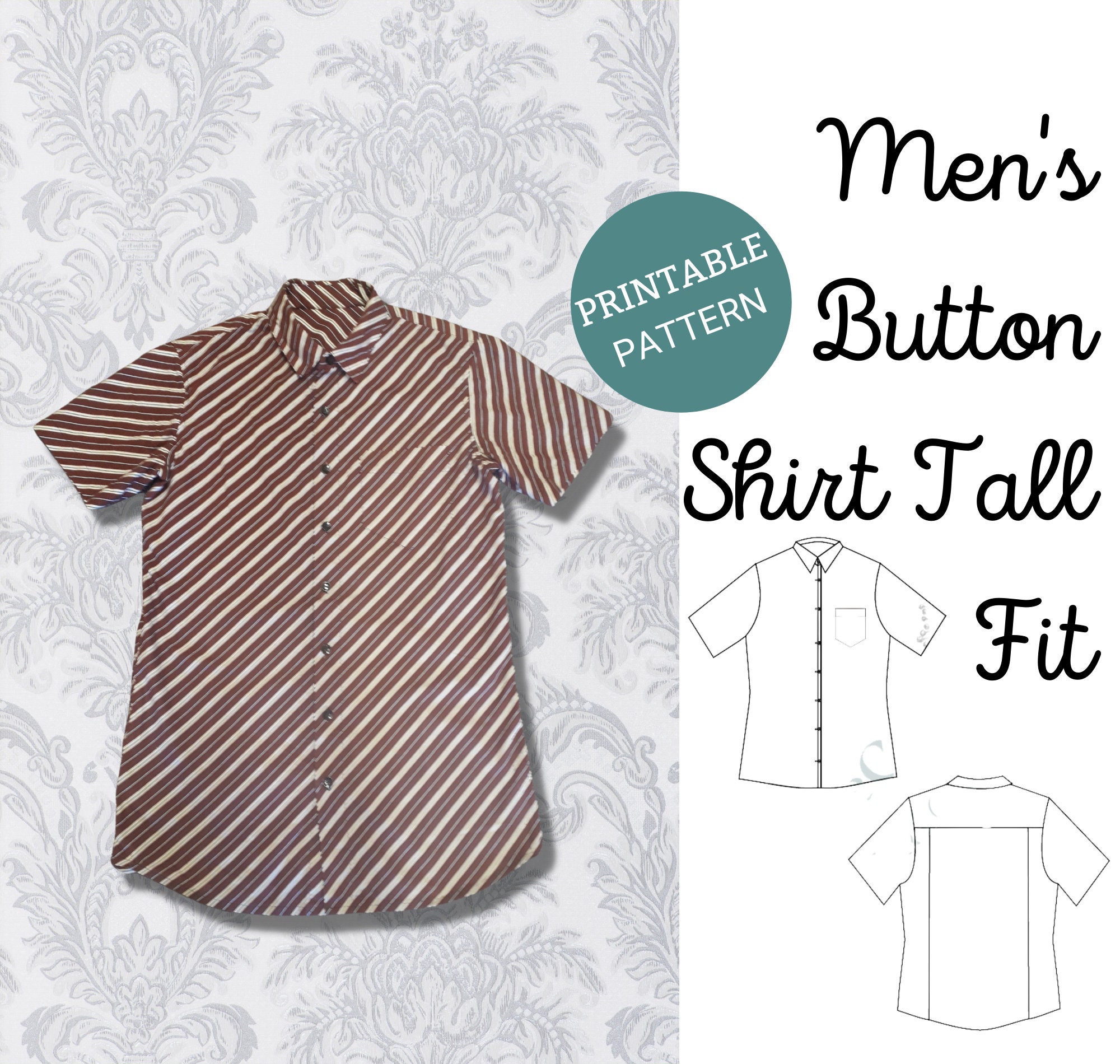 Mens Short Sleeve shirt pattern buttondown tall fit PDF Etsy
