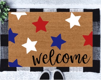 Red White Blue Stars | Patriotic | Welcome Mat | 4th of July | USA | Housewarming Gift | New Home Gift | Doormat
