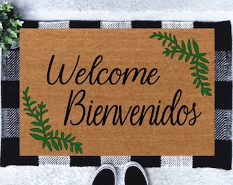 Welcome Bienvenidos Doormat, Modern Fern Leaves welcome mat, Housewarming gift, Plant Lady, Home Decor, Welcome doormat, Custom Mat, Plants