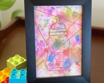 Baby bottle painting, Original watercolor on paper 6”x4” framed art