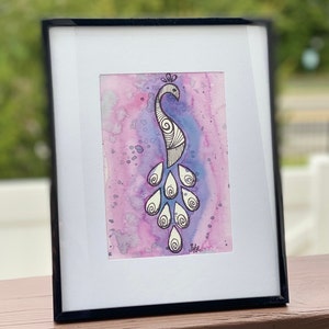 Peacock watercolor and pen painting (framed)