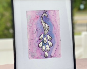 Peacock watercolor and pen painting (framed)