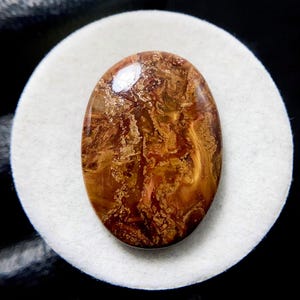 May include: Oval-shaped gemstone with a polished surface. The stone features a blend of brown, gold, and reddish-brown hues, with intricate patterns and textures. The gemstone is set against a white background, showcasing its natural beauty.