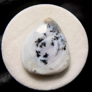 May include: A polished, teardrop-shaped gemstone. It features a white base with detailed black dendritic inclusions. The stone has a smooth, glossy surface. The unique patterns of the gemstone are set against a white background, making it a striking piece.