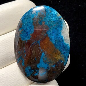 Op de afbeelding: Een ovaalvormige edelsteen met een gepolijst oppervlak. De steen heeft een mix van kleuren, waaronder diepblauw, bruin en vleugjes goud. De blauwe gebieden hebben een webachtig patroon, wat een unieke textuur creëert. De edelsteen staat tegen een witte achtergrond.