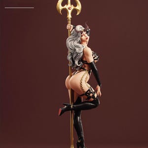 May include: A detailed figurine of a woman with long, silver hair, wearing black attire and holding a golden trident. The figure is posed provocatively, with a pentagram base. The overall aesthetic is fantasy-themed.