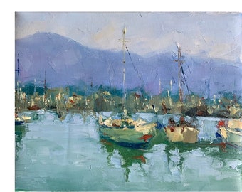 Original Impasto Oil Painting: Seascape with Sailboats
