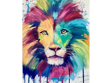 Original Colorful Lion Oil Painting on Canvas - 20x16" Portrait