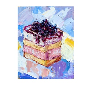 Blueberry Cake Oil Painting: Impasto Dessert Art, Kitchen Decor (10x8 inches)