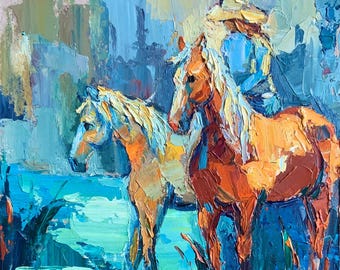 Cowgirl Horse Painting: Original Oil Painting, Texas Western Art
