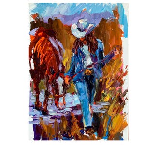 Original Oil Painting: Cowgirl and Horse - Texas Western Art