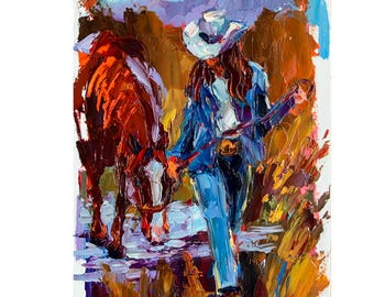 Original Oil Painting: Cowgirl and Horse - Texas Western Art