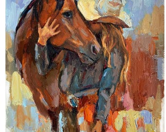 Original Oil Painting Cowgirl and Horse,Cozy Rustic Wall Decor, Handmade