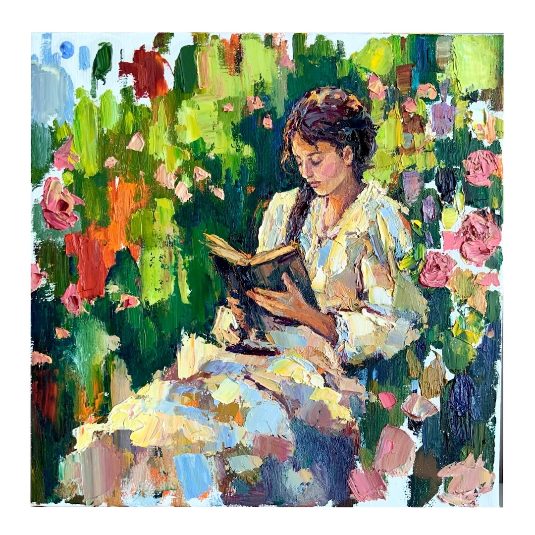 Impasto Oil Painting: Girl Reading in Rose Garden, Romantic ...