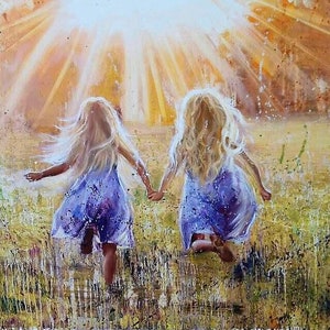 Sisters Oil Painting: Children Running to Sunlight, Family Art